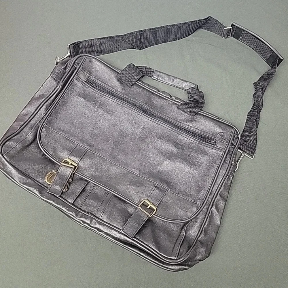 Black Leather-Look Soft Side Briefcase Travel Bag Multi-Compartment With Strap